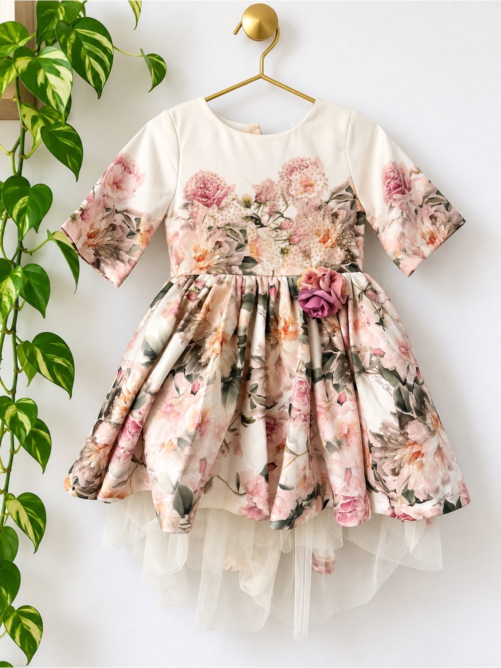 Girls Floral Peach Cream Party Dress with Rose Accent